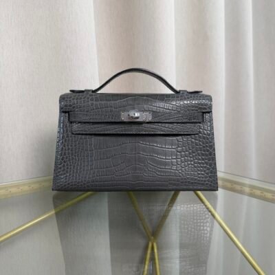 Kelly Pochette Style Graphite Matte Alligator Palladium Hardware Kelly Pochette Style Graphite Matte Alligator Palladium Hardware