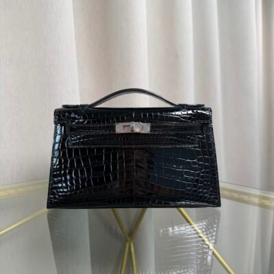 Kelly Pochette Style Black Shiny Alligator Palladium Hardware