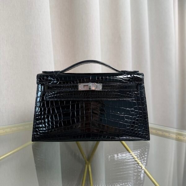Kelly Pochette Style Black Shiny Alligator Palladium Hardware