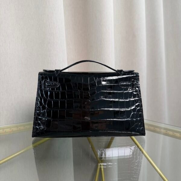 Kelly Pochette Style Black Shiny Alligator Palladium Hardware