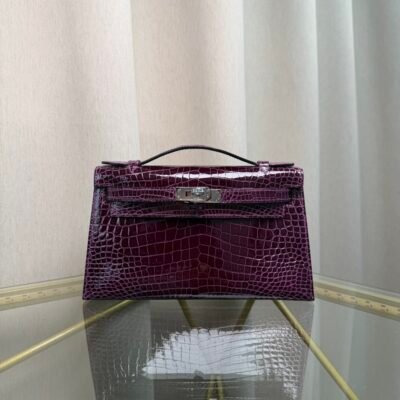 Kelly Pochette Style Violet Shiny Alligator Palladium Hardware