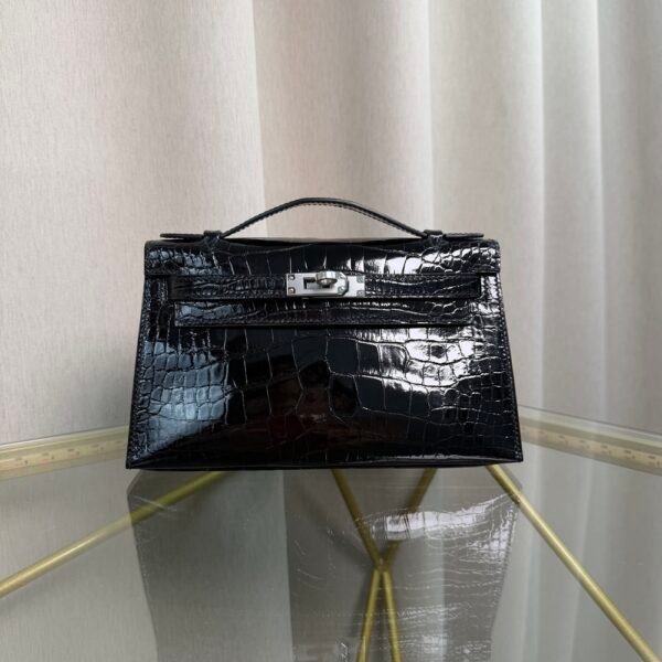 Kelly Pochette Style Black Shiny Alligator Palladium Hardware