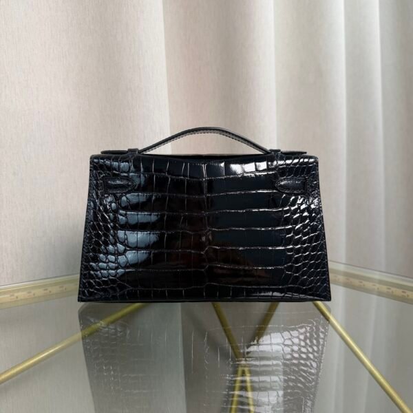 Kelly Pochette Style Black Shiny Alligator Palladium Hardware