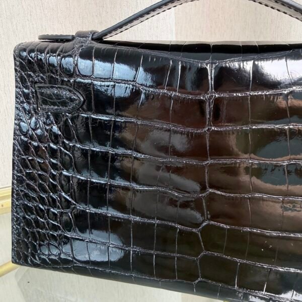 Kelly Pochette Style Black Shiny Alligator Palladium Hardware