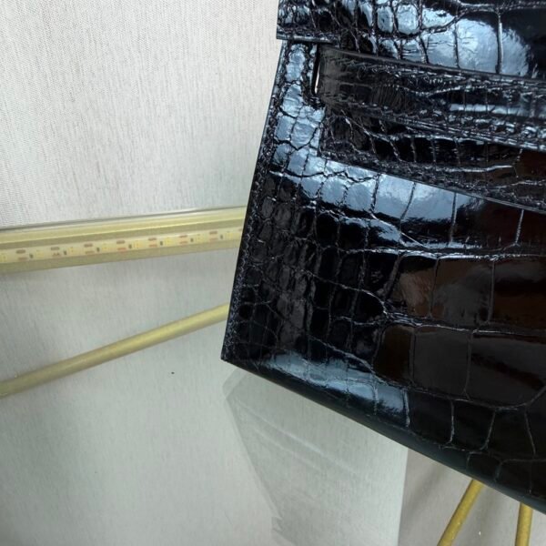 Kelly Pochette Style Black Shiny Alligator Palladium Hardware