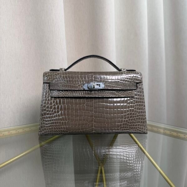 Kelly Pochette Style Gris Tourterelle Shiny Alligator Palladium Hardware