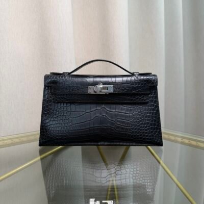 Kelly Pochette Style Black Matte Alligator Palladium Hardware