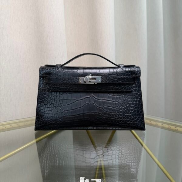 Kelly Pochette Style Black Matte Alligator Palladium Hardware