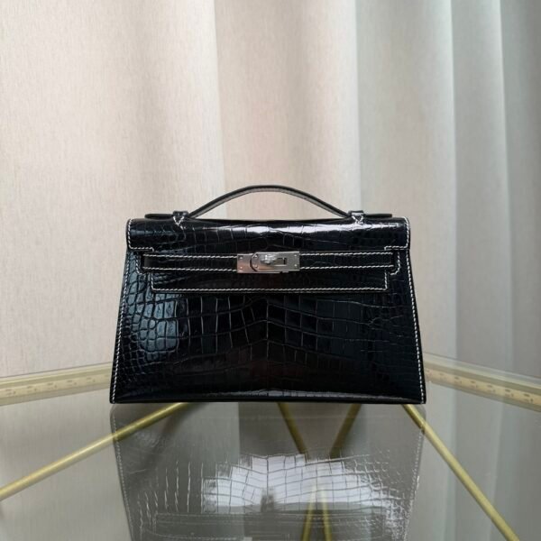 Kelly Pochette Style Black Shiny Porosus Crocodile Palladium Hardware
