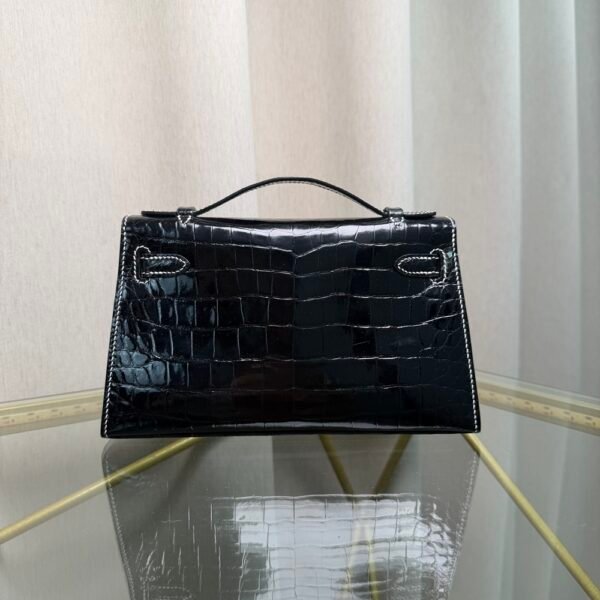 Kelly Pochette Style Black Shiny Porosus Crocodile Palladium Hardware