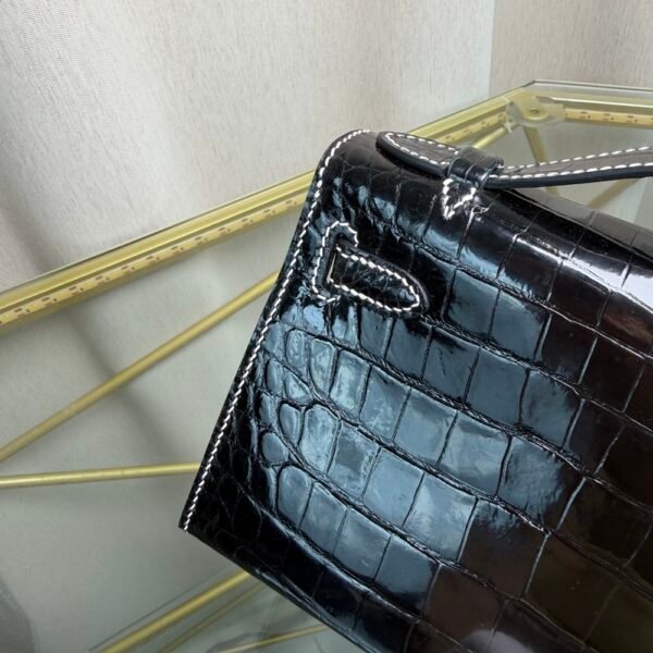 Kelly Pochette Style Black Shiny Porosus Crocodile Palladium Hardware