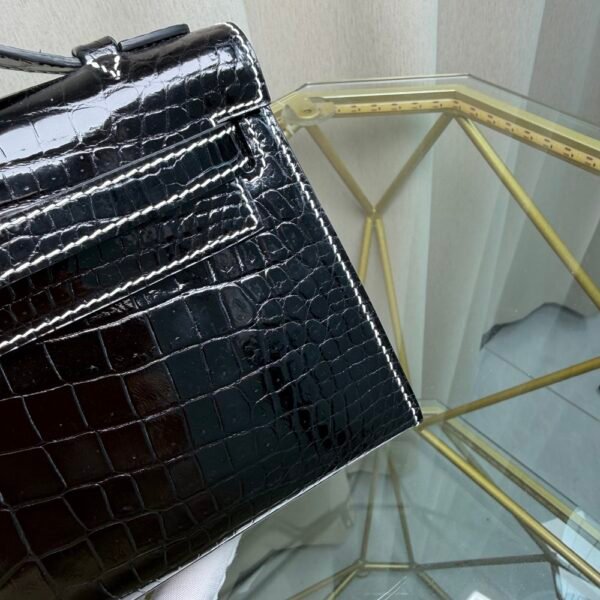 Kelly Pochette Style Black Shiny Porosus Crocodile Palladium Hardware