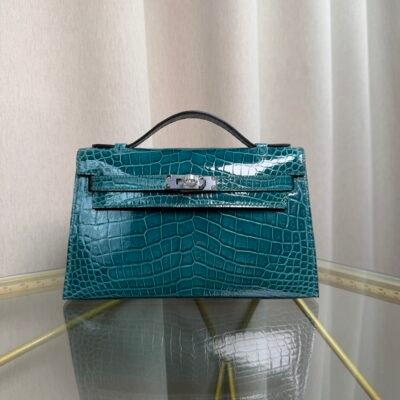 Kelly Pochette Style Vert Jade Shiny Niloticus Crocodile Palladium Hardware