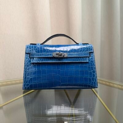Kelly Pochette Style Bleu Izmir Shiny Niloticus Crocodile Palladium Hardware
