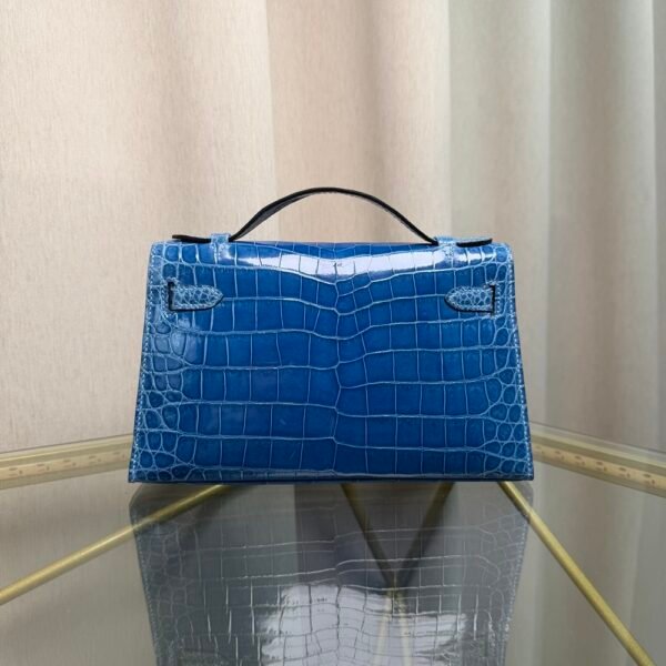 Kelly Pochette Style Bleu Izmir Shiny Niloticus Crocodile Palladium Hardware
