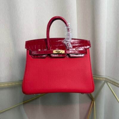 Birkin Retourne 25 Style Rouge Casaque Togo and Shiny Niloticus Crocodile Touch Gold Hardware