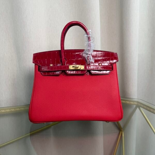 Birkin Retourne 25 Style Rouge Casaque Togo and Shiny Niloticus Crocodile Touch Gold Hardware