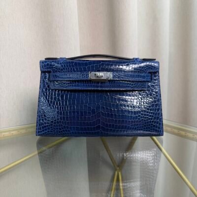 Kelly Pochette Style Bleu Electrique Shiny Porosus Crocodile Palladium Hardware