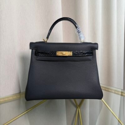 Kelly Retourne 28 Style Black Togo and Shiny Black Alligator Touch Gold Hardware