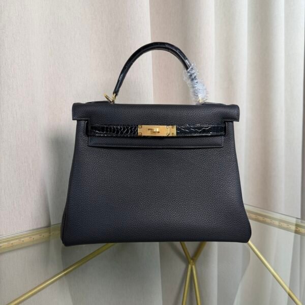 Kelly Retourne 28 Style Black Togo and Shiny Black Alligator Touch Gold Hardware