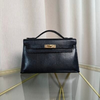 Kelly Pochette Style Black Shiny Lizard Gold Hardware