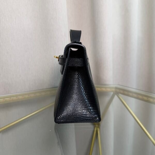 Kelly Pochette Style Black Shiny Lizard Gold Hardware