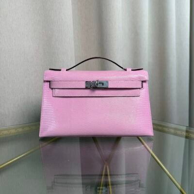 Kelly Pochette Style Rose Sakura Shiny Lizard Palladium Hardware