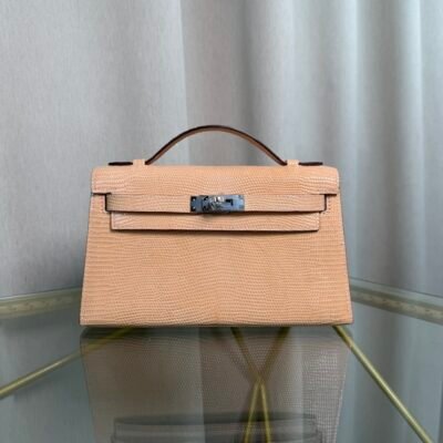 Kelly Pochette Style Beige Shiny Lizard Palladium Hardware