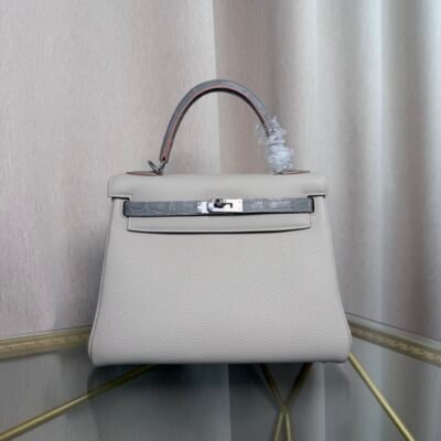 Kelly Retourne 25 Style Gris Perle Togo and Shiny Gris Galaxie Alligator Touch Palladium Hardware