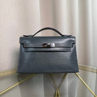 Kelly Pochette Style Bleu Lin Shiny Lizard Palladium Hardware