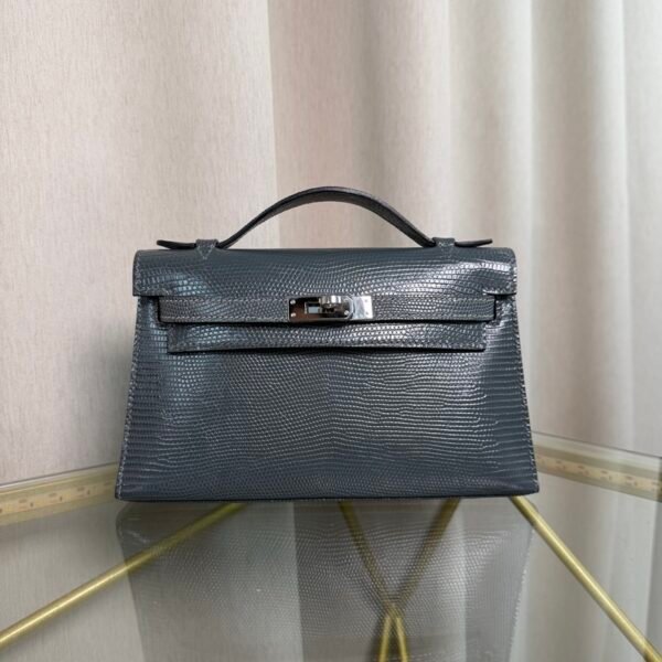 Kelly Pochette Style Bleu Lin Shiny Lizard Palladium Hardware