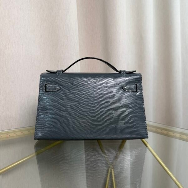 Kelly Pochette Style Bleu Lin Shiny Lizard Palladium Hardware