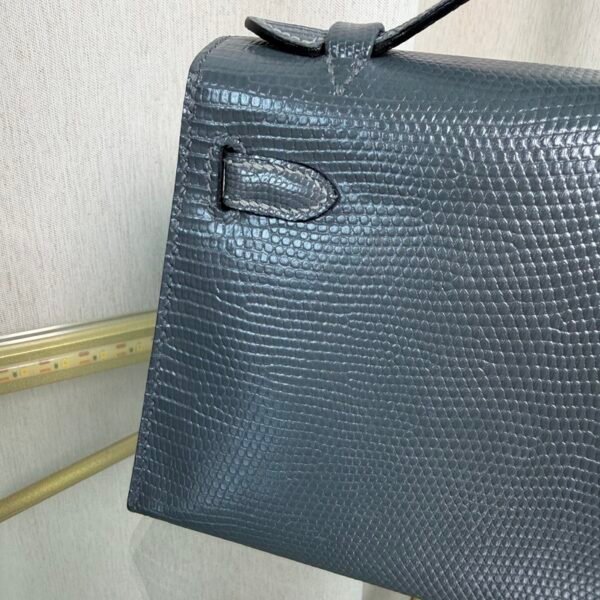 Kelly Pochette Style Bleu Lin Shiny Lizard Palladium Hardware