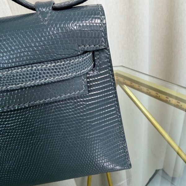 Kelly Pochette Style Bleu Lin Shiny Lizard Palladium Hardware