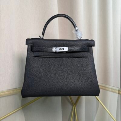 Kelly Retourne 25 Style Black Togo and Shiny Lizard Touch Palladium Hardware