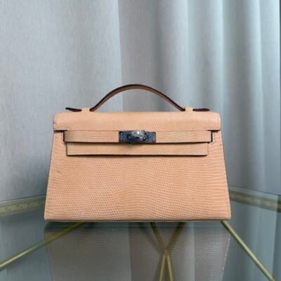 Kelly Pochette Style Beige Shiny Lizard Palladium Hardware