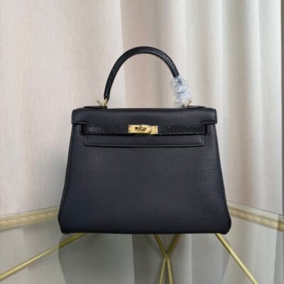 Kelly Retourne 25 Style Black Togo and Shiny Lizard Touch Gold Hardware
