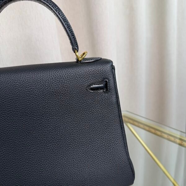Kelly Retourne 25 Style Black Togo and Shiny Lizard Touch Gold Hardware
