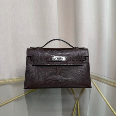 Kelly Pochette Style Ebene Shiny Lizard Palladium Hardware Kelly Pochette Style Ebene Shiny Lizard Palladium Hardware