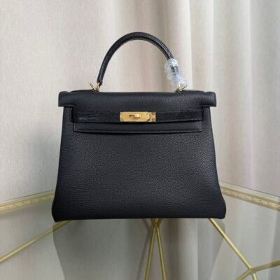 Kelly Retourne 28 Style Black Togo and Shiny Lizard Touch Gold Hardware