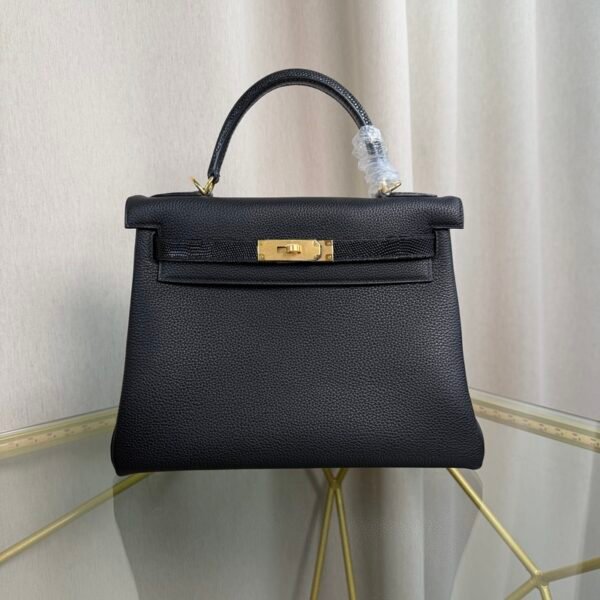 Kelly Retourne 28 Style Black Togo and Shiny Lizard Touch Gold Hardware