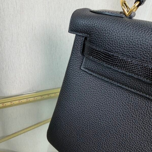 Kelly Retourne 28 Style Black Togo and Shiny Lizard Touch Gold Hardware