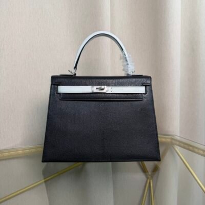Kelly Sellier 25 Style Black and Bleu Brume Chevre Mysore Palladium Hardware