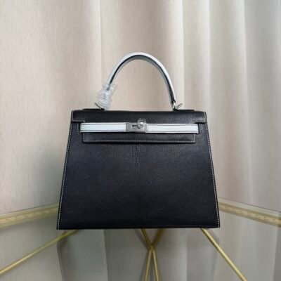 Kelly Sellier 25 Style Black and Bleu Brume Chevre Mysore Palladium Hardware